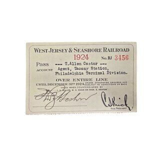 1924 West Jersey & Seashore Railroad Pass Agent Tacony Station Philadelphia